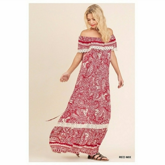 Umgee Off Shoulder Red & White Boho Maxi Dress - Picture 3 of 7